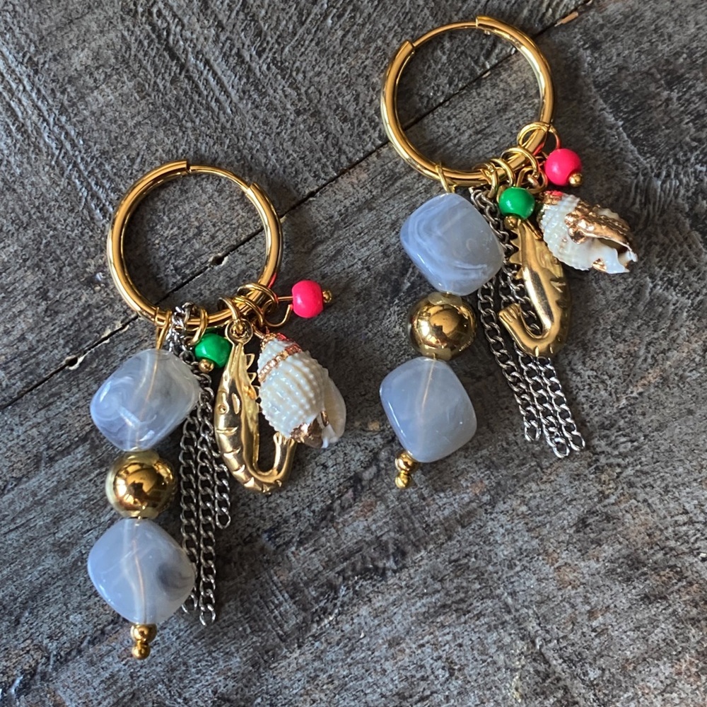 NEW Shell & Grey Stone Charm Hoop Earrings